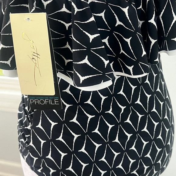 Gottex Profile NWT One Shoulder Ruffle Swimsuit 10 Black White Geometric Print - Picture 10 of 16